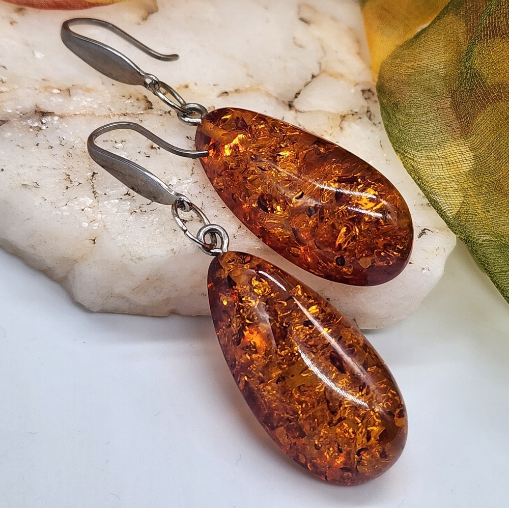 Hypoallergenic Earrings Amber Tone Resin Beads Stainless Hooks Boho Jewelry